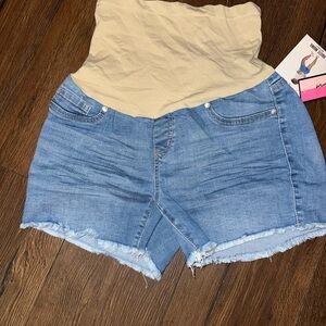 Denim Blue Maternity Shorts w Nude Belly Band